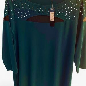 Belldini Teal Pullover Top  with Stud Accents / Cutouts with sheer fabric NWT